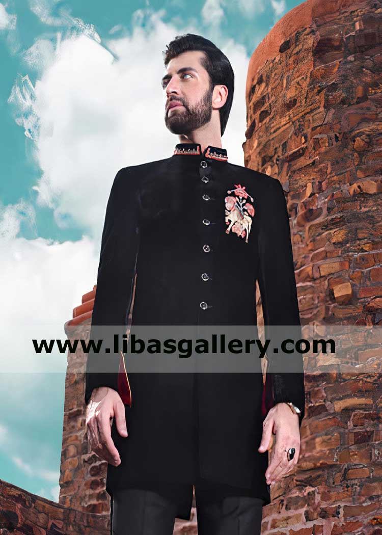 Black Velvet Embroidered Multi hued Men Prince Coat
