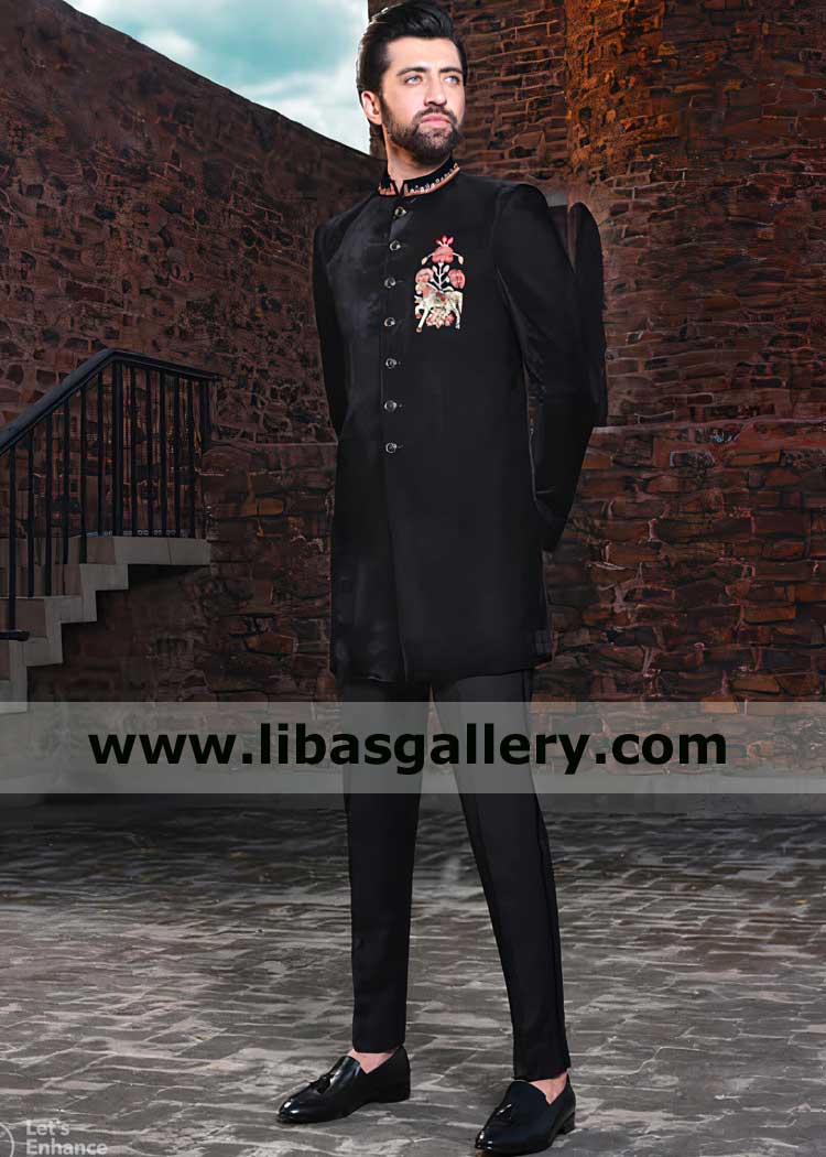 Black Velvet Embroidered Multi hued Men Prince Coat