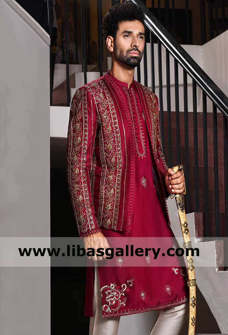 Red Open Style Jodhpuri Embroidered Jacket for Men