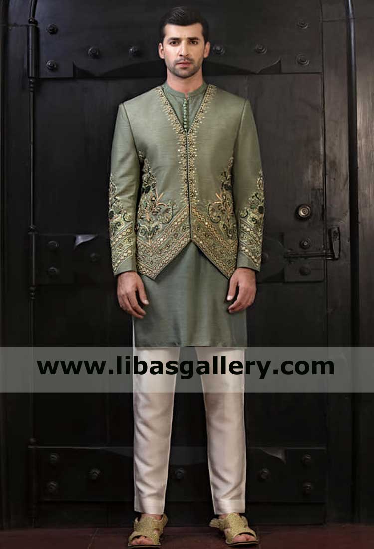 Olive Green Mirror work Jodhpuri Style Marriage Mehndi Occasion Jacket