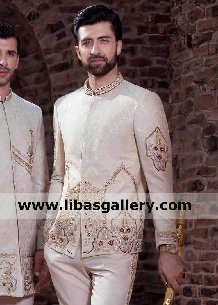 Aimal khan in Pakistani Jodhpuri Style Men Prince Jacket with Mirror and Gota hand Embellishment on Jamawar with pants Singapore Australia Norway Malaysia