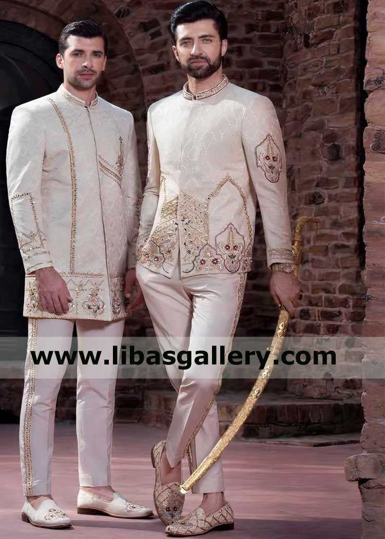 Pakistani Men Prince Jacket in jodhpur Style with Mirror Gota Thread Embellishment