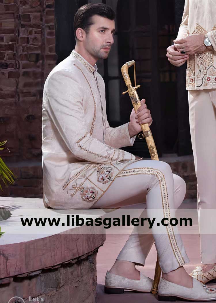 Munsif Ali Khan in Pakistani Jodhpuri Style Men Prince Jacket with Mirror and Gota hand Embellishment on Jamawar with pants Dubai UK USA Canada Australia