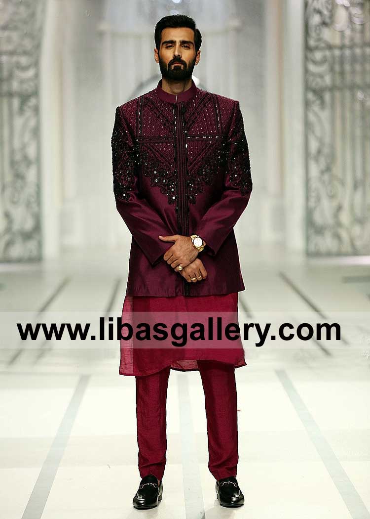Magenta Embellished Prince coat with Inner for Groom
