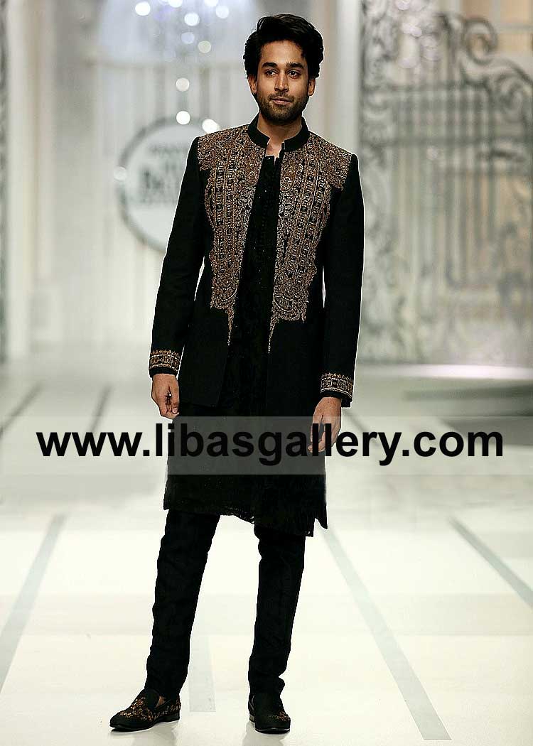 Bilal Abbas khan wearing Black Beautiful Wedding Prince Coat with Antique and Gold Embroidery on front chest and Cuff paired with inner suit Perth Sydney Australia
