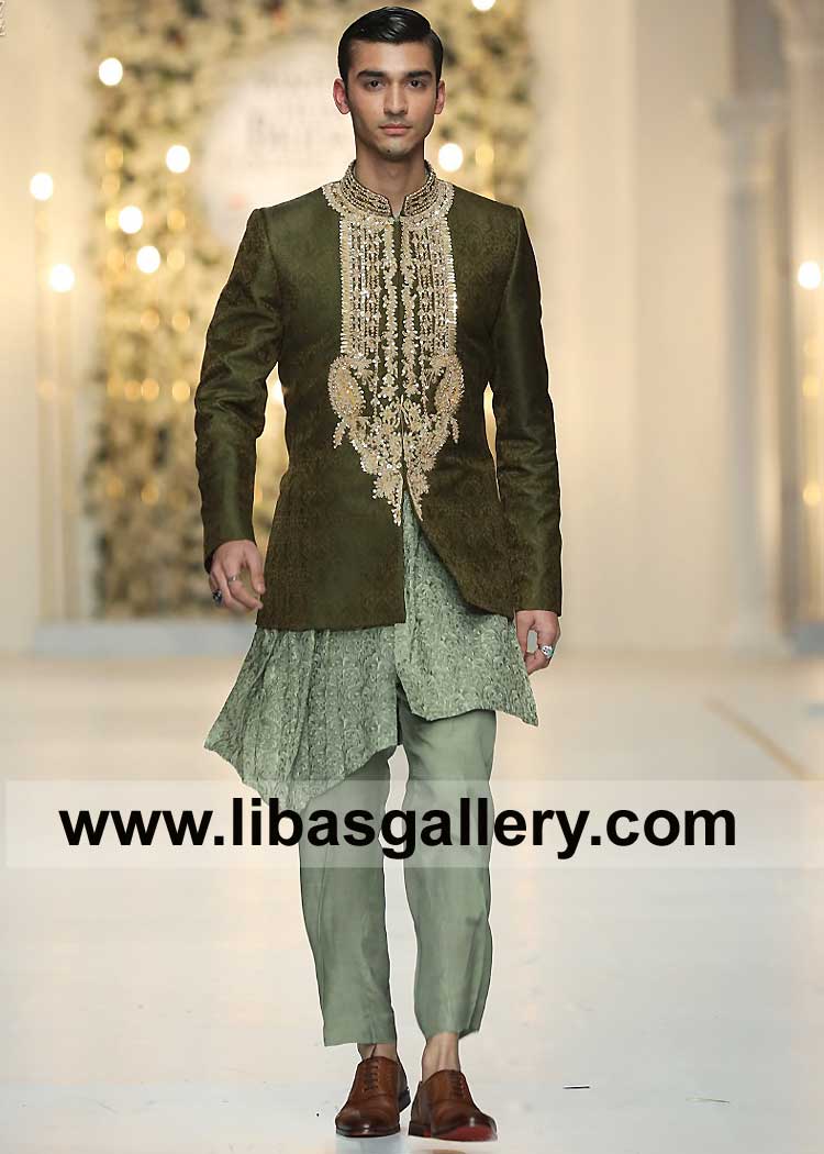 Men Mehndi Green Self Jamawar Wedding Prince Coat with Gold Embroidery on Front and collar paired with light Green Inner Suit Illinois California Chicago USA