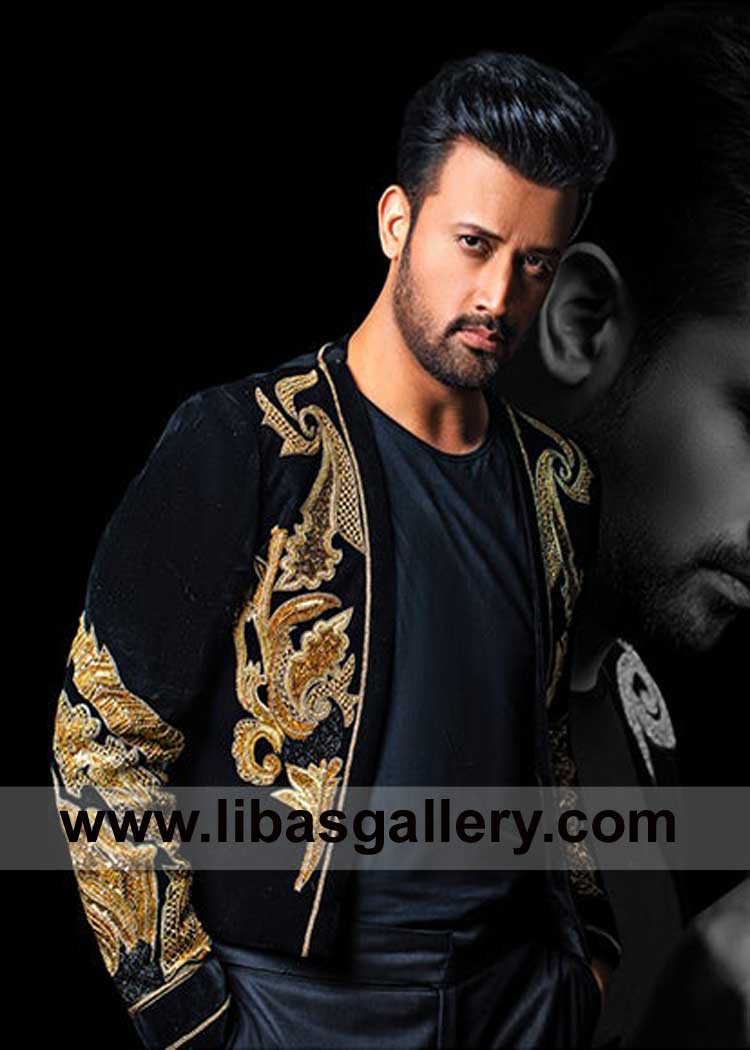 Atif Aslam in open style Pure Velvet Beautiful Men Indo Western Prince coat with intricate Antique and Gold Embroidery on Front and Sleeves Nashville Los Angeles San Antonio USA