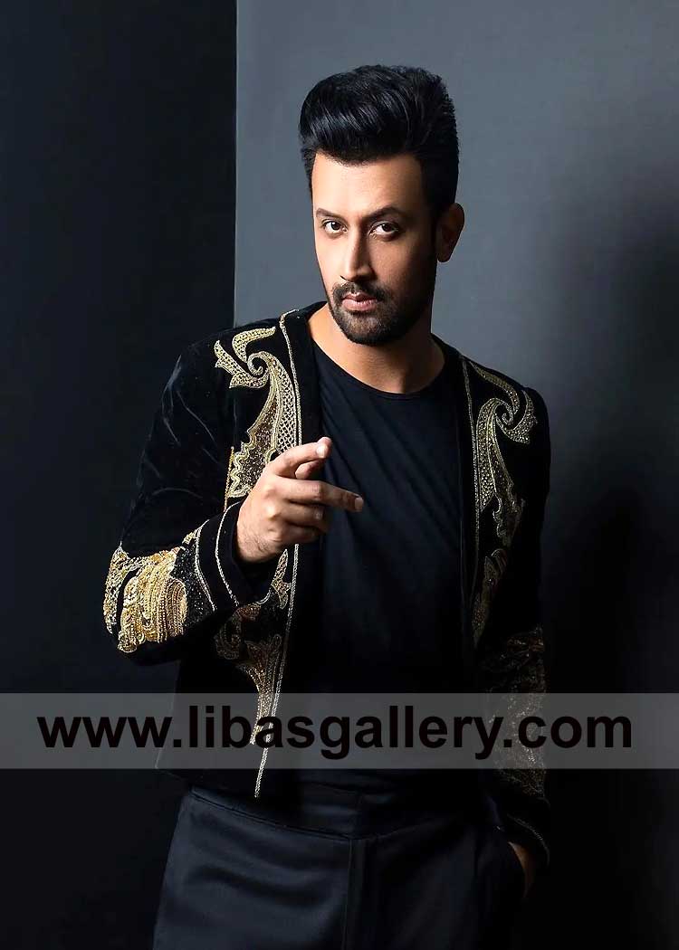 Open Style Men Black Velvet Antique and Gold Embroidered Indo Western Prince Coat