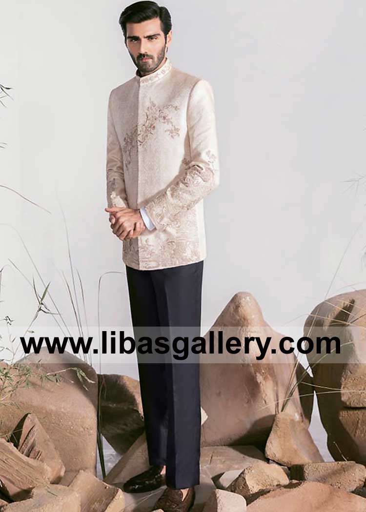 Rose Gold Prince Jacket with Floral Hand Embroidered Pattern on Self Jamawar