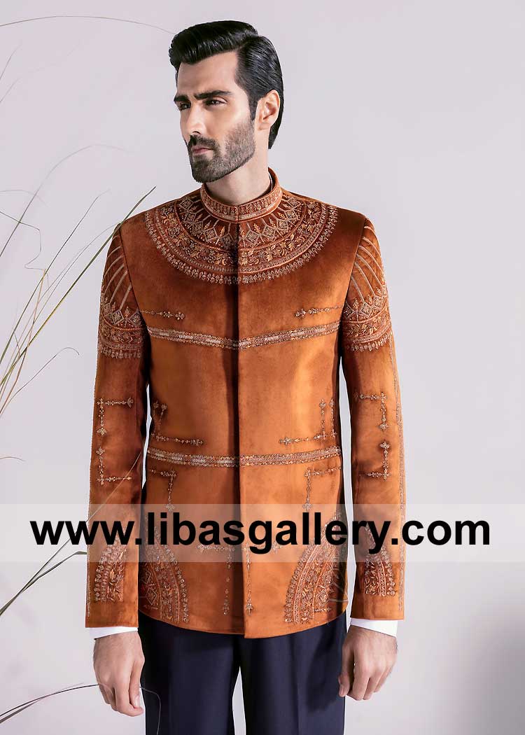 Rust Colored Wedding Prince Jacket with Hand Embroidered Geometric Layout