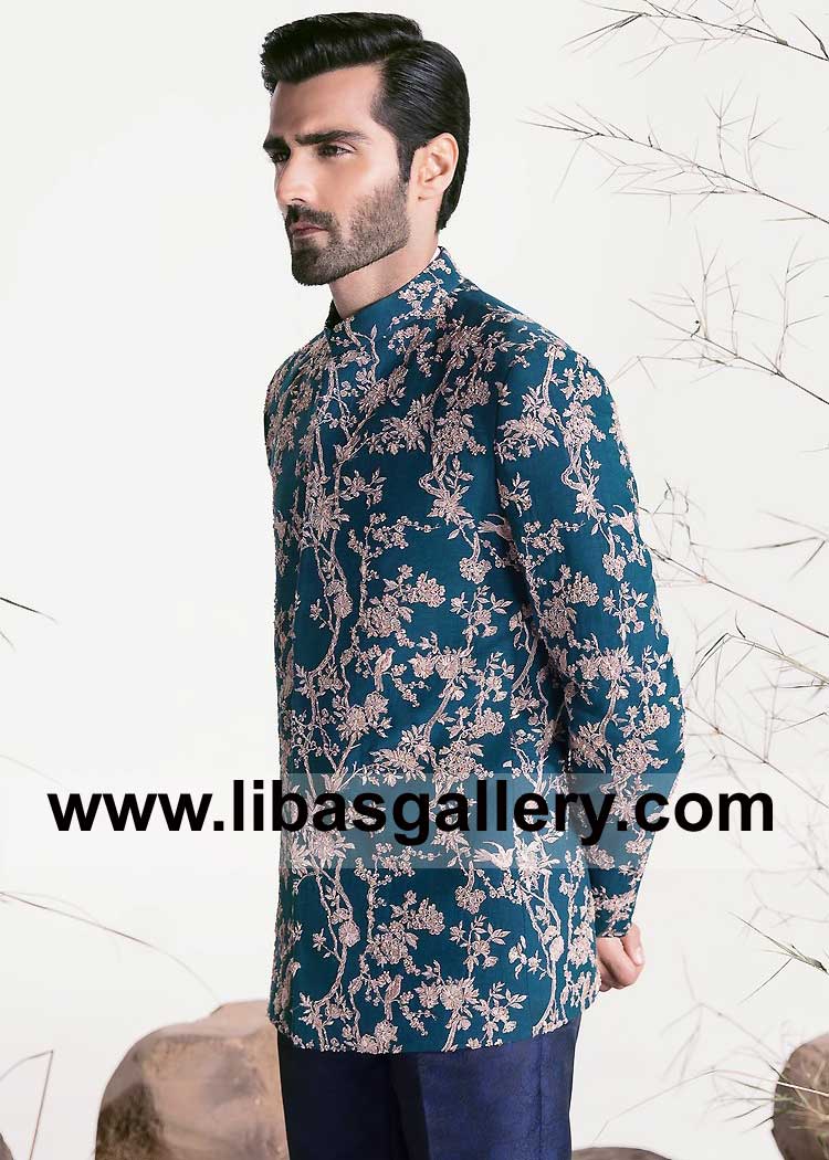 Teal Color Wedding Prince Jacket with Beige Floral Hand Embroidery All Over on Karandi Fabric