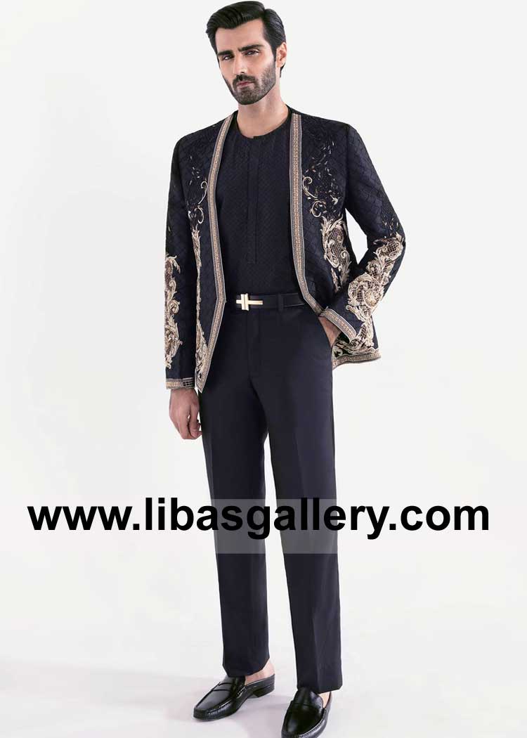 Black Embroidered Prince Jacket with Gold Hand Embroidered Baroque Motif