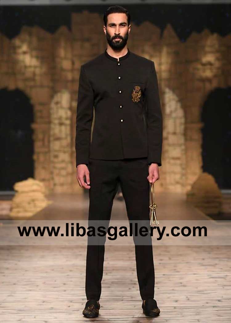 Gents Black Prince suit with Antique Gold embroidery on pocket and metal buttons paired with matching pants France Germany New Zealand Slovenia Dubai