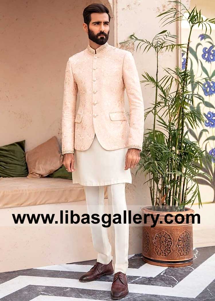 Hasnain Lehri in Light Peach Karandi Prince coat Article for men with hand embellished gold collar cuff Qatar Australia Saudi Arabia UK USA