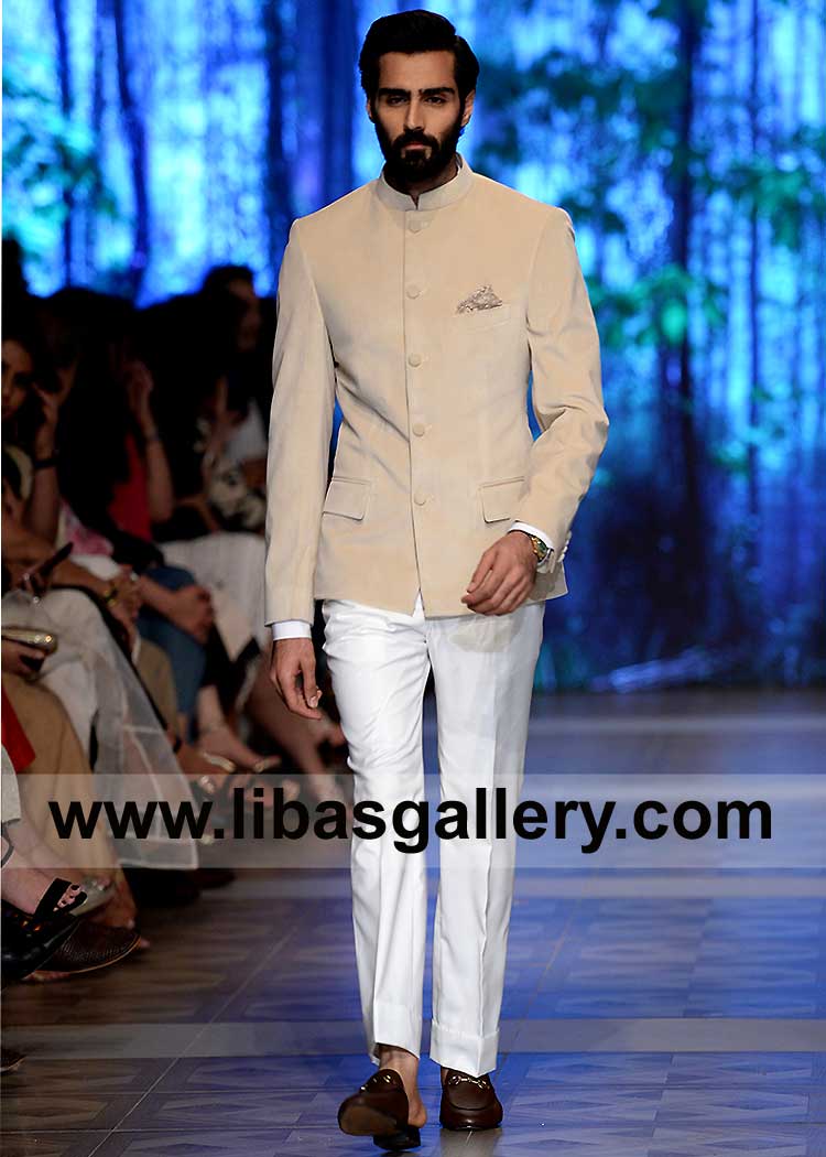 Hasnain Lehri in Biscotti Color Amazing Men Prince coat Suit for Special Occasion and Event paired with white pants France UK USA Germany Australia