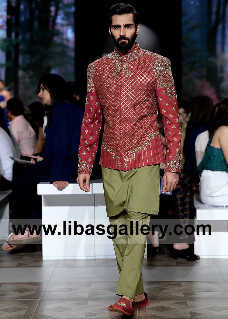 Vintage Red Hand Embellished Groom Prince Coat Suit with Silver Gold Hand Embroidery Kora Dabka Crystal paired with olive Green Inner Illinois California Indiana USA