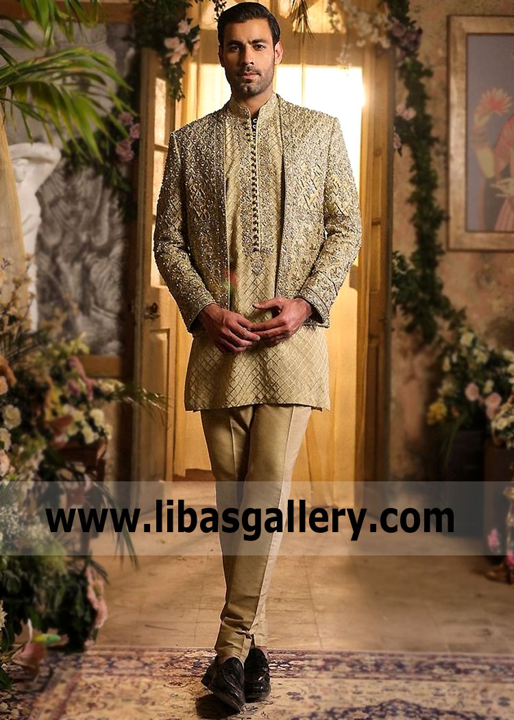 Awesome Gold hand Embellished Designer Wedding Jacket Style in Raw Silk for Men Nikah Barat time paired with self embroidered Kurta UK USA Canada Australia Dubai