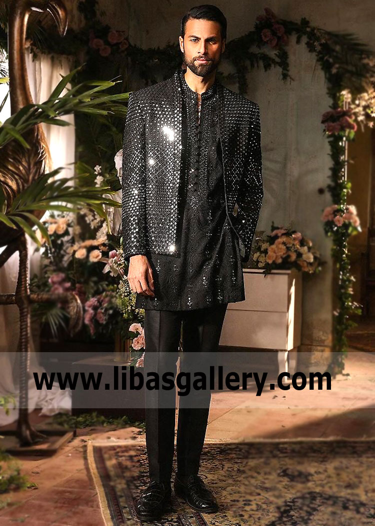 Short front open bedazzled mirrored jacket in classic black color complete with a self embroidered kurta with mirror detailing and collar embroidery Qatar USA Australia