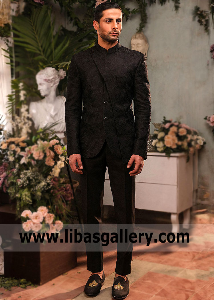 Classic black self embroidery style smart side lapel prince coat silhouette for Men Special Nikah Waleema day Derby, Plymouth, Luton UK