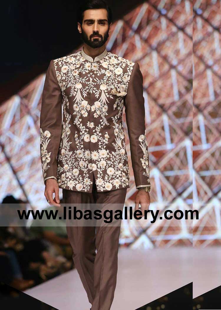 Brown Ivory Embroidered Prince Coat for Men Occasion paired with pants buy online Ivory thread embroidery on Groom prince suit UK USA Canada Australia Dubai