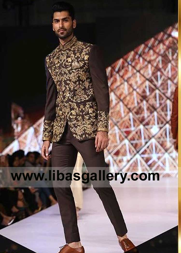 Gold Embroidery on Men Dark Liver Shade Designer Wedding Prince Coat paired with pants to attend special day Ceremony with family Qatar Dubai France Australia