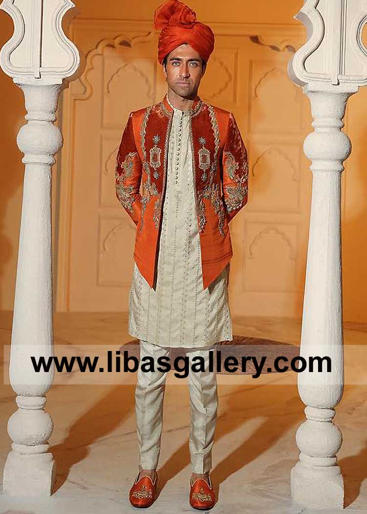 Orange short length wedding jacket adorned with intricate hand-crafted 3d embellishment