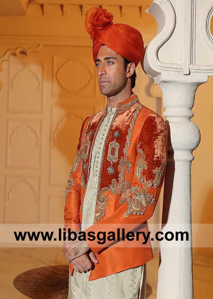 Orange short length wedding jacket adorned with intricate hand-crafted 3d embellishment