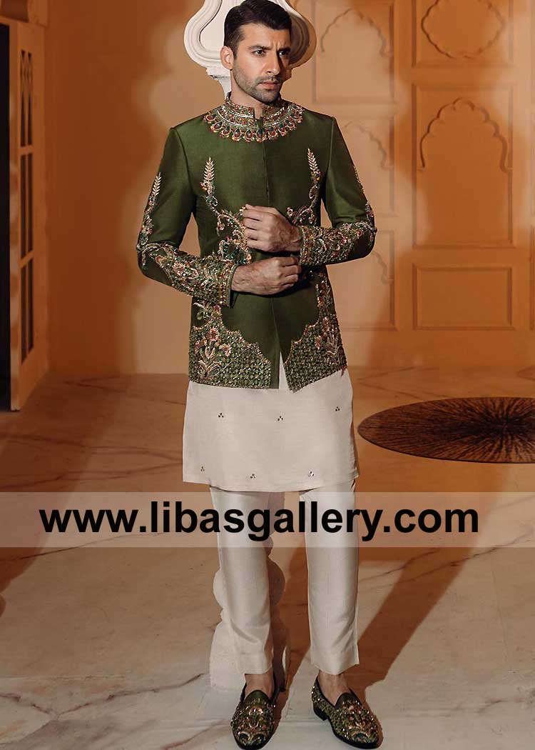 Army Green Beautiful Embroidered Prince Coat Suit for Groom Marriage day