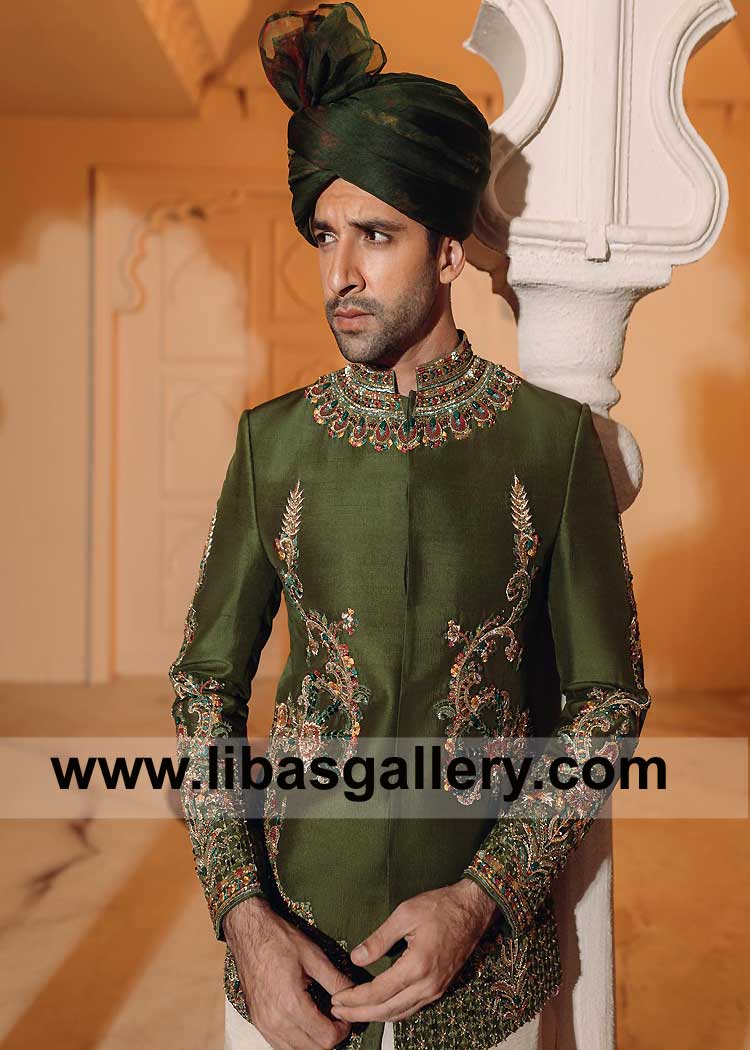 Army Green Beautiful Embroidered Prince Coat Suit for Groom Marriage day