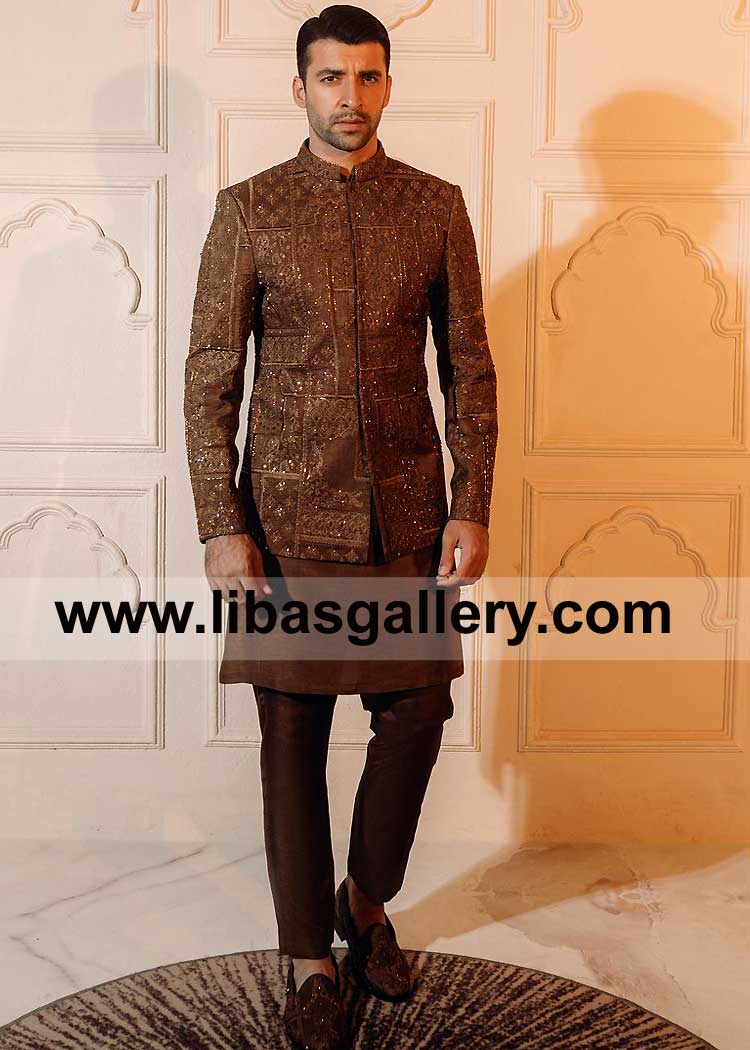 Men Dusty brown prince coat in Raw silk with intricate embroidered design traditional and contemporary design elements inner suit included France Qatar Germany Dubai Australia