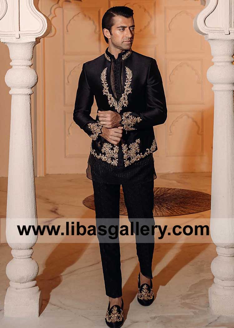 Men Streamline black Wedding jacket Munsif Ali Khan showing with motifs hand crafted paired with self Zari kurta embroidered pants UK USA Dubai Australia Canada