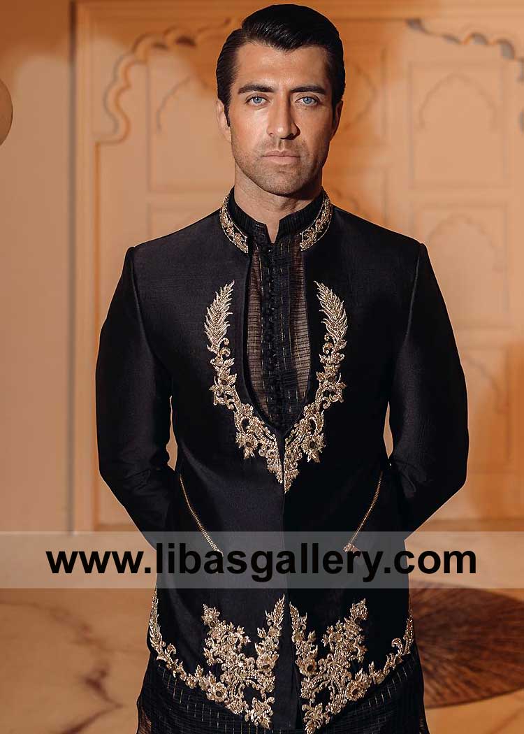 Modern patterned Men Streamline black Wedding jacket with embroidery motifs