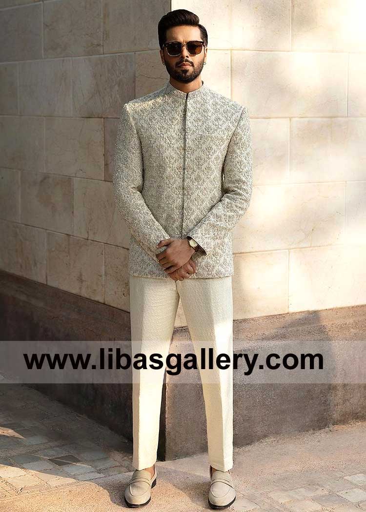 Off White Groom Korean Raw Silk Prince Coat kora Dabka hand embellished with Matching Jamawar Pants for Waleema and Occasion Nashville San Antonio Indianapolis USA