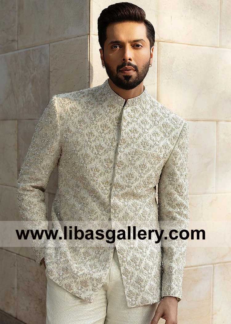 Off White Groom Korean Raw Silk Prince Coat embellished for Waleema and Occasion