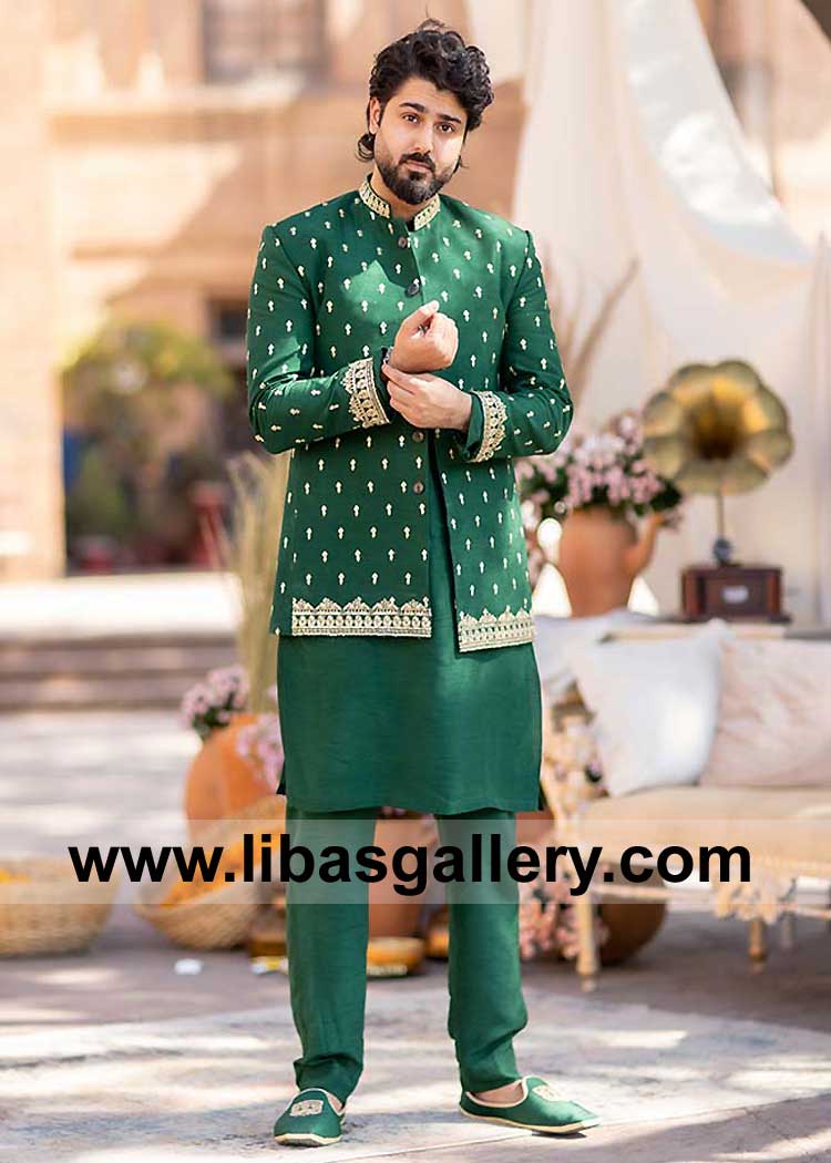 Green Embroidered Prince coat for Occasion and Mehndi with inner Suit | Pakistani Green Prince Suit Zaviyar Nauman Ijaz Bristol Toronto Dubai Sugarland Brisbane