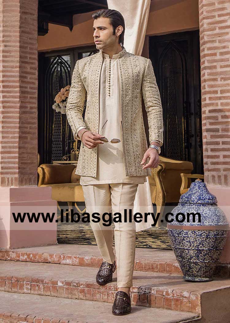 Ivory Gold Groom Maysuri Prince Coat Suit to stay with New Fashion