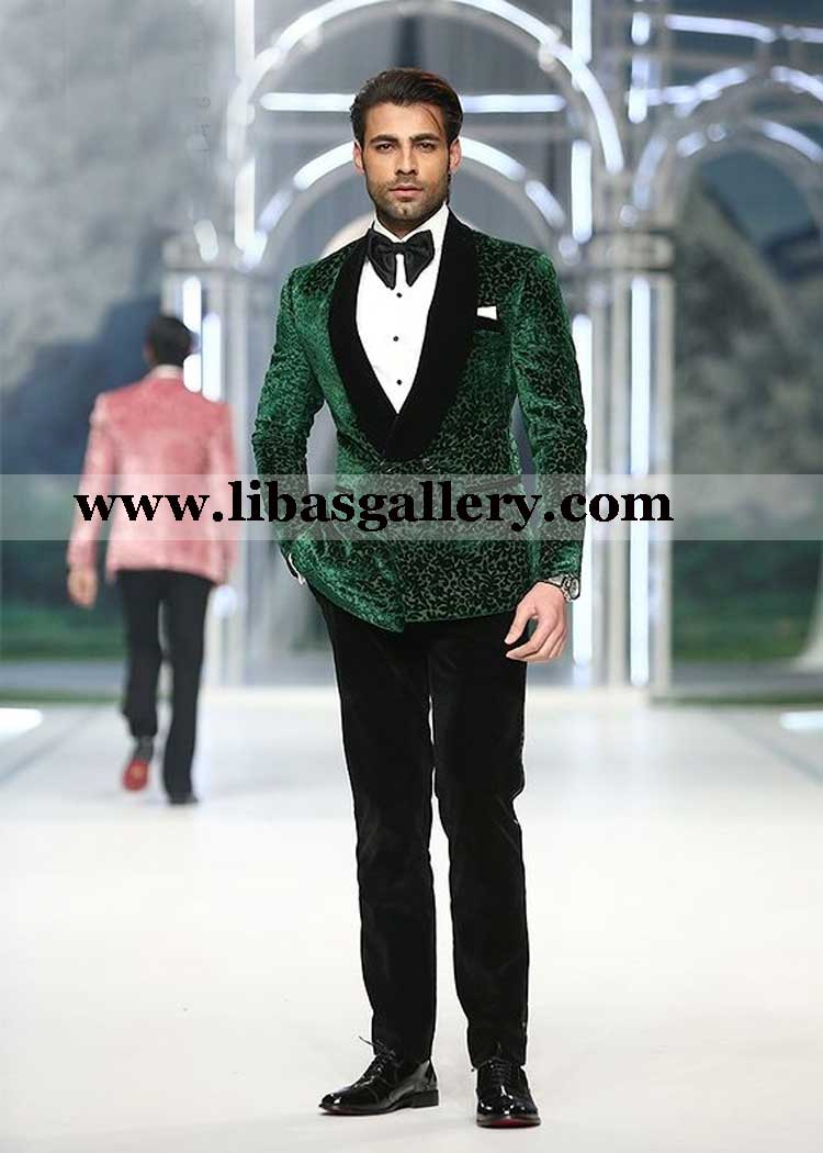 Green Velvet Floral Tuxedo suit double breasted round lapel paired with black straight pants white pintex shirt black satin bow for men uae australia norway