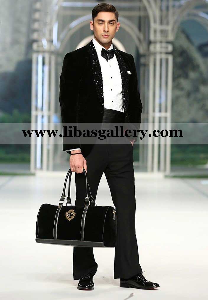 Black Velvet groom wedding Tuxedo suit Sequence round lapel with Black Armani bell bottom italy france germany