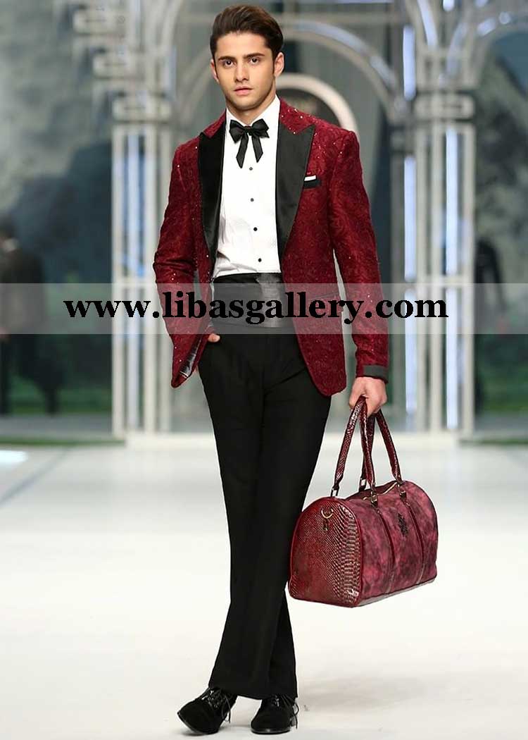 Red velvet sequins shower tuxedo with bell bottom for men