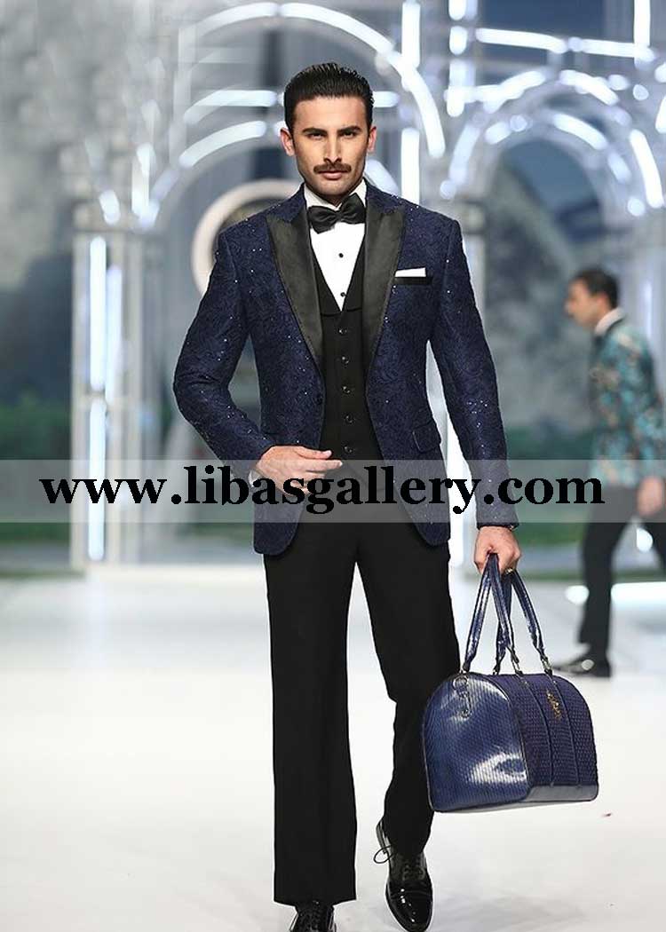 Blue Net men Tuxedo detailed Satin Lapel with Cut Dana spray paired with straight cut pants and bow germany dubai france