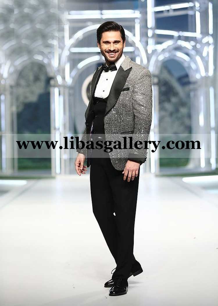 Grey Black sequins fabric men Tuxedo satin lapel double breasted waistcoat straight pants and bow new york chicago usa
