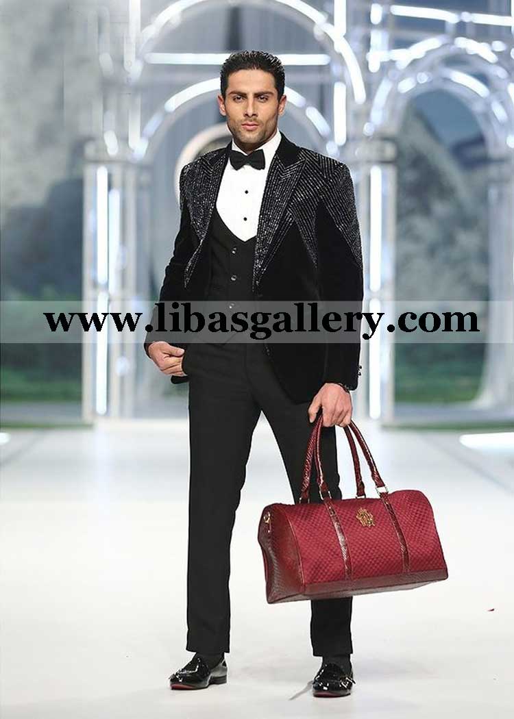 Black Velvet Tuxedo for men with handwork lapel paired with Double breasted black waistcoat and straight pants scotland ireland thailand
