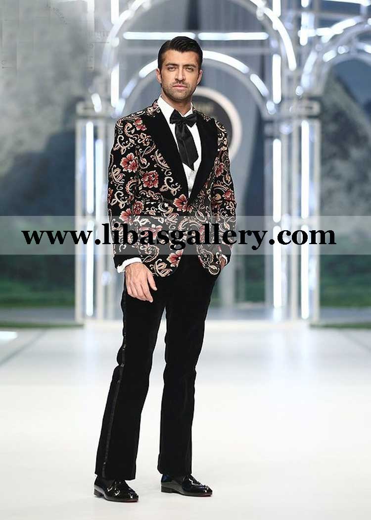 Black Floral Self Velvet Tuxedo with bell bottom for men occasion and party event with satin tuxedo belt and long tail bow qatar kuwait oman