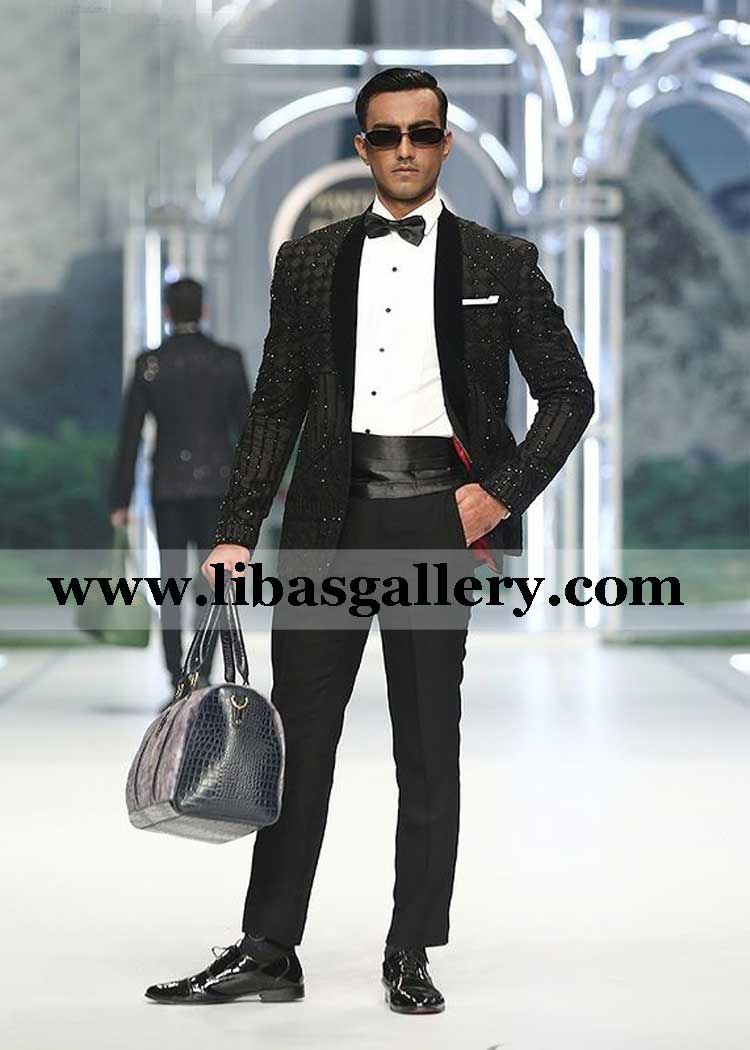 Black Embossed Cut Dana Hand worked Tuxedo for men with Velvet round lapel and straight armani type pants uk usa canada