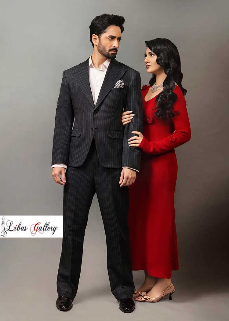 Black 2 PC Men Suit made on Italian Imported high Quality Stripe fabric Danish Taimoor wearing with Sara Khan UK USA Canada Australia Dubai