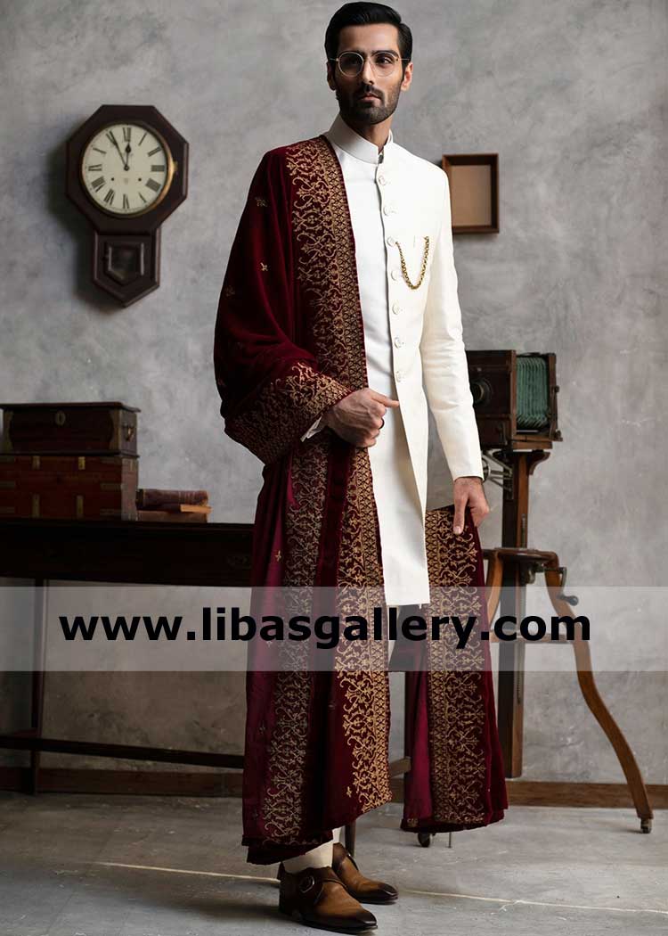 Maroon Velvet Groom Nikah Day Embroidered Shawl 4 sides antique gold thread embroidery and small motifs in middle UK USA Qatar Canada Australia