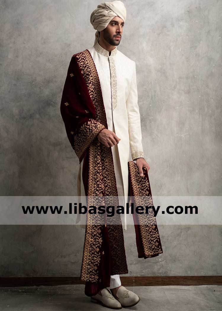 Extensive Groom Maroon Embroidered Shawl for Wedding Purpose Nikah Barat minutes to wear on sherwani suit San Diego Dallas Jacksonville USA