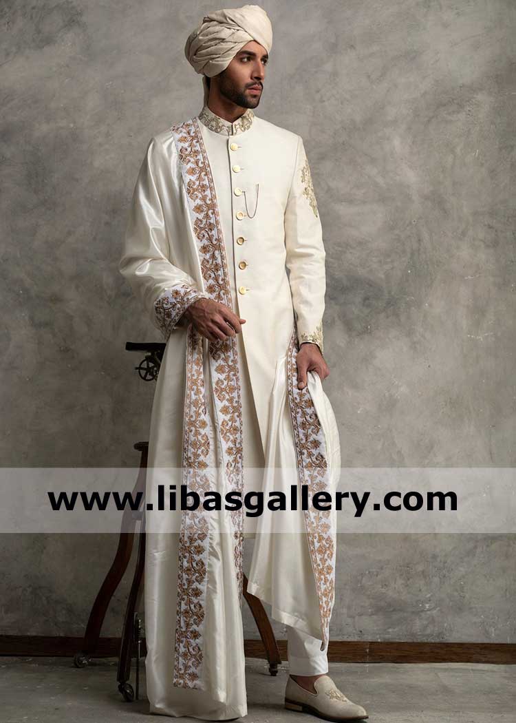 White Beautiful Designer Embroidered Groom Wedding Shawl with Resham thread embroidery Antique Gold on Applique 4 sides Qatar Dubai UK USA Australia