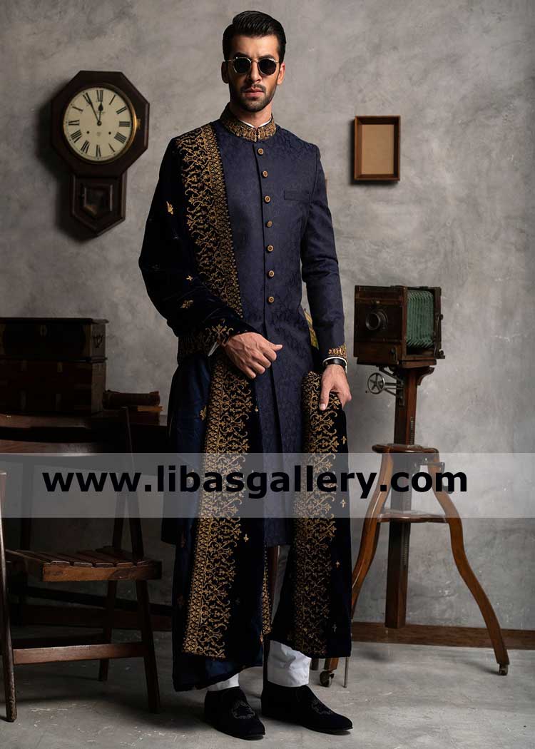 Machine Crafted Antique Thread Embroidered Groom Black Wedding Shawl Velvet and Raw silk for Nikah to wear on Sherwani Europe Asia South Africa