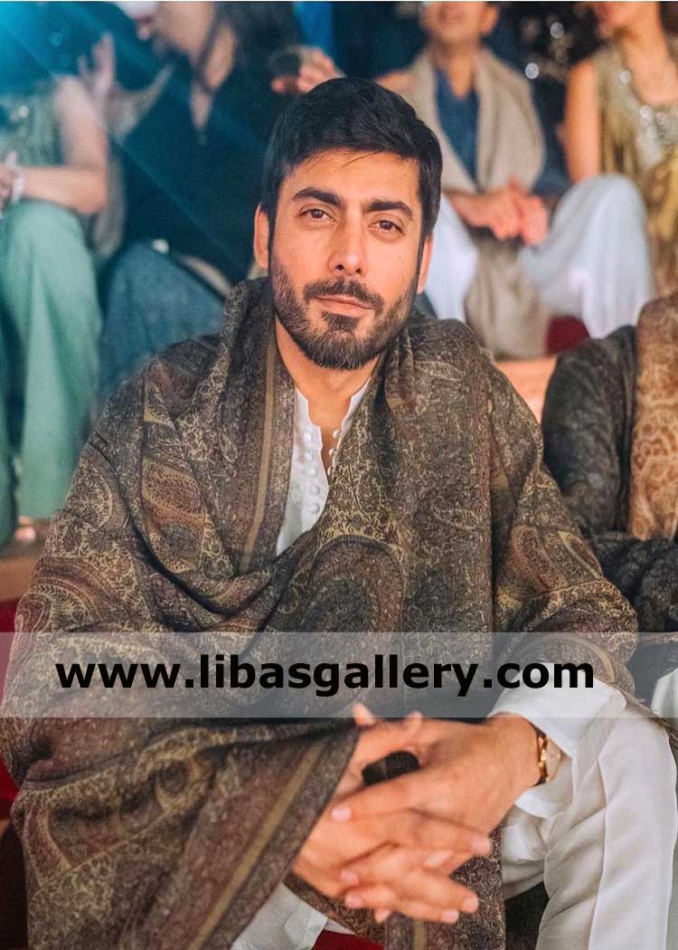 Beautiful Dark Shade Pashmina Shawl Fawad Khan Wearing with Kurta Pajama in Mahira Khan Wedding Event Buy Men Shawl Nikah Sangeet UK USA Canada